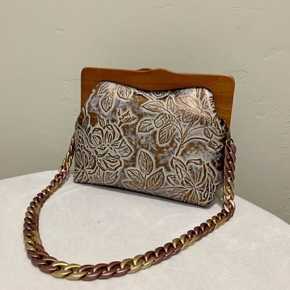 Handmade Genuine Cowhide Floral Embossed, Wooden Frame Bag & 2 Strap Styles - Picture 11 of 16